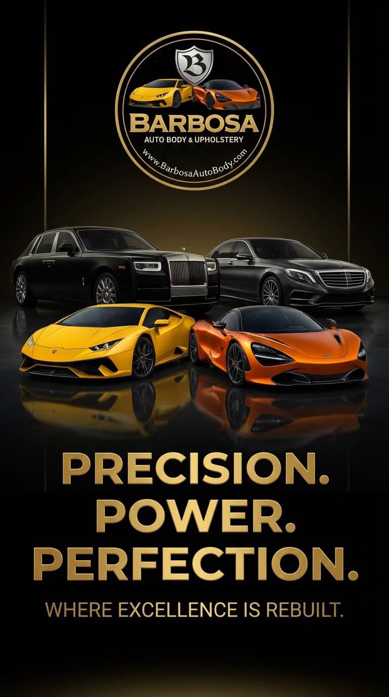 Barbosa Auto Body brand hero artwork featuring luxury performance vehicles and the shop logo
